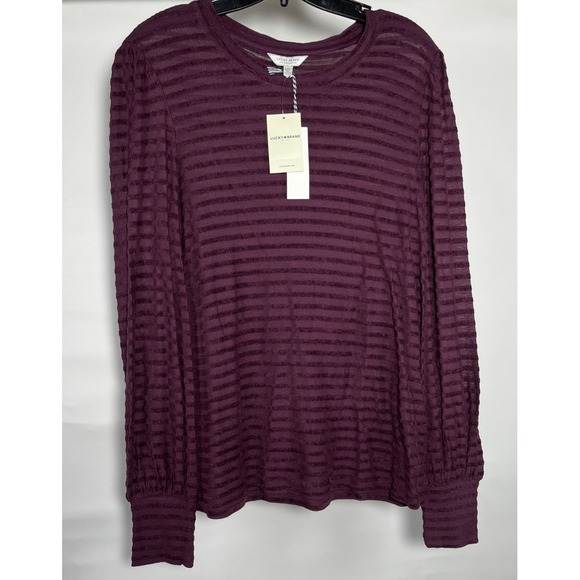 Lucky Brand Womens Crew Neck Long Bishop Sleeves Tonal Stripes Chenille Top Sz M - Picture 1 of 12